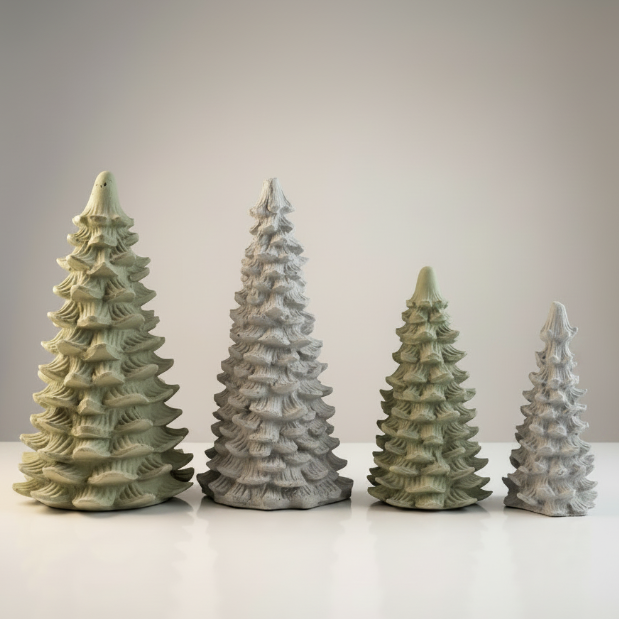 Traditional Concrete Christmas Trees in natural and green pigmented concrete, small and large sizes