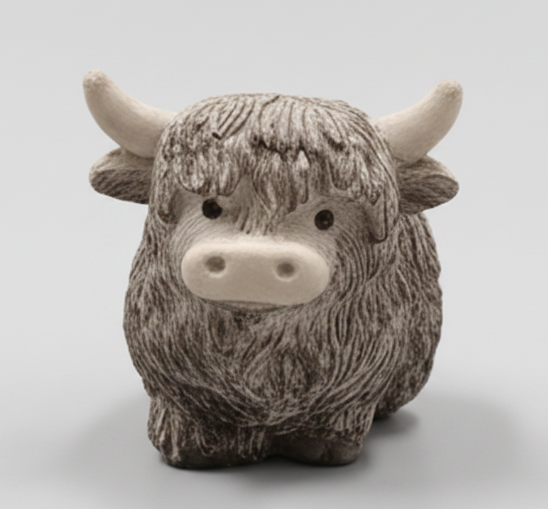 Hand-painted gray concrete Highland Cow miniature - front view