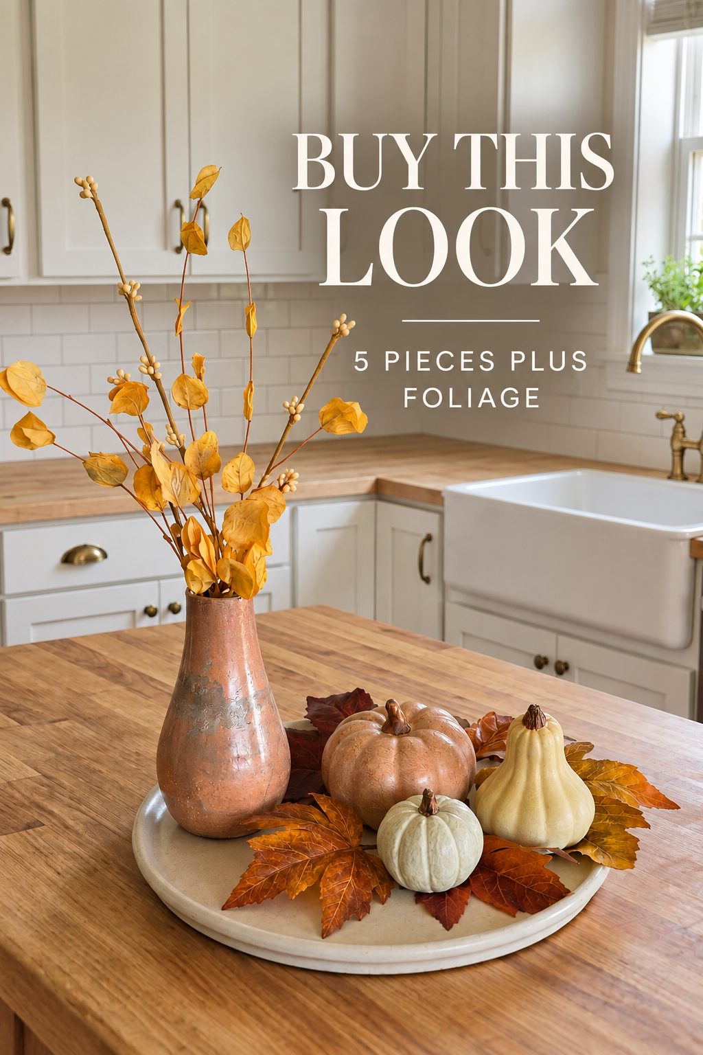 5 piece fall set with concrete bulb vase, tray, gourd, and pumpkins on a wood kitchen island